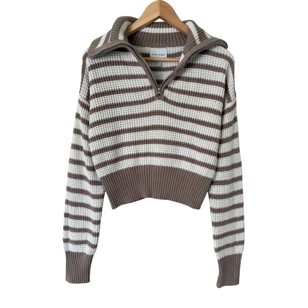 Pink Rose Striped Cropped Half-Zip Sweater in Taupe and Cream